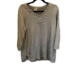 JM Collection Women's Gray Embellished V-Neck Sweater 1X 3/4 Sleeve‎